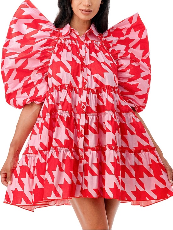 Dresses & Skirts - Bold Red & Pink Puff-Sleeve Dress